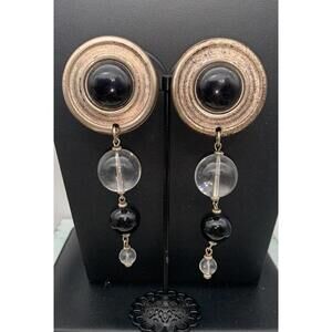 Vintage Rasco Antiqued Silver Tone Chunky Long Dangle Beaded Clip On Earrings